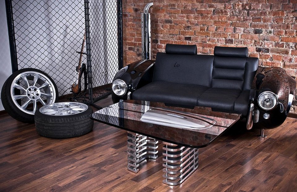 two seater sofa made from old car parts